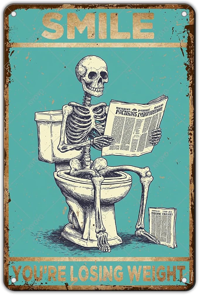 Funny Toilet Bathroom Decor Skeleton Skull Reading Newspapers Sign Retro Metal Tin Sign Vintage Bar Wall Decor Metal Poster 12x8 Inch - skull wall art