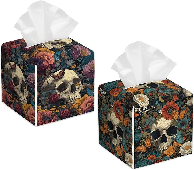 Skull Flowers Tissue Box Cover Square, Tissue Box Holder Leather Facial Paper Case Modern Home Decoration for Bathroom Kitchen Bedroom Night Stands, 2 Pcs