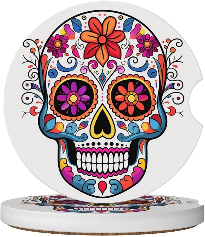 2 Pack Ceramics Car Cup Coaster Sugar Skull Automotive Cup Holders Coasters Non-Slip Absorbent Auto Cup Pads Universal Car Interior Accessories for Women Men Cup Mat 2.56 Inch - skull coaster