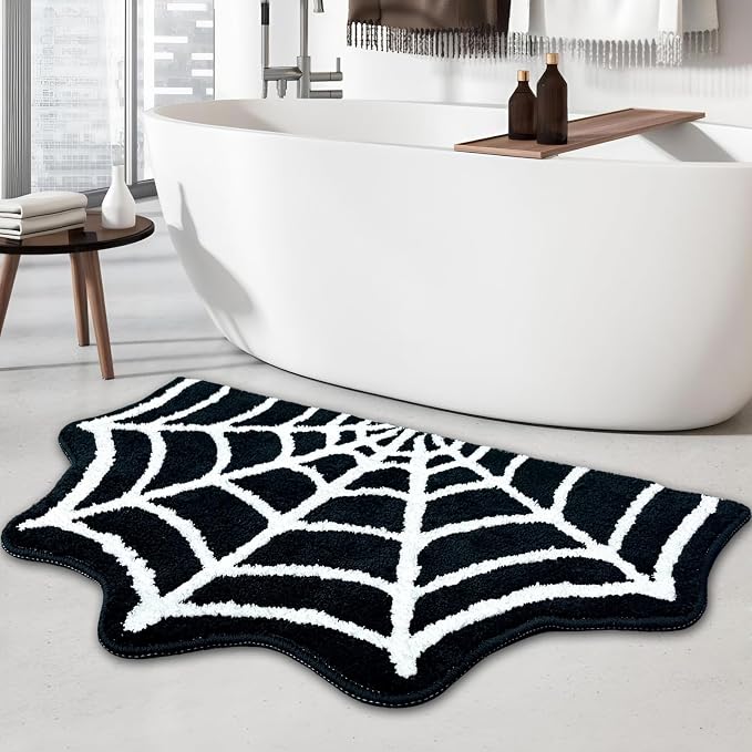 Spider Web Bath Mat, 31″x20″ Halloween Bath Mat Goth Rug Absorbent Spiderweb Rug, Non Slip Machine Washable Goth Area Rug Gothic Decor for Bathroom, Front Door, Bedroom (Black)