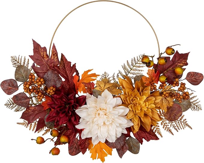 Artificial Fall Metal Hoop Wreath – 19.7″ Faux Autumn Harvest Wreath with Dahlia Flower, Maple Leaves & Berries Fake Farmhouse Harvest Flower for Front Door Halloween Thanksgiving Home Decor