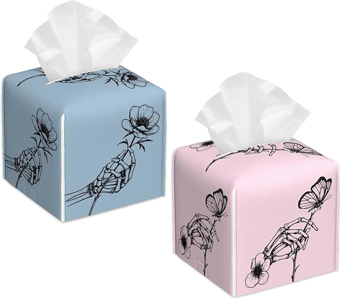 2 Pcs Skull Flower Tissue Box Cover Square, Skeleton Hand Tissue Box Holder Leather Facial Paper Organizer Dispenser for Bathroom Kitchen Bedroom Night Stand Office Desk - skull toilet paper