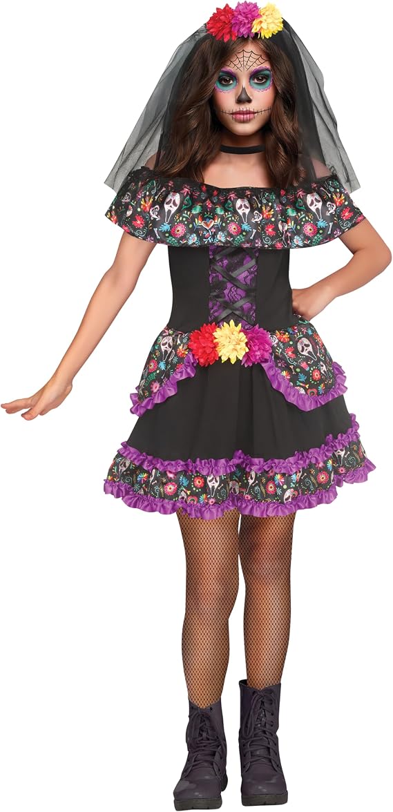 Fun World Girls' Ghost Face Sugar Skull Halloween Costume - sugar skull costume