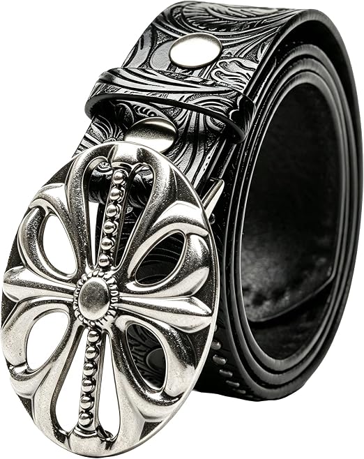 Y2K-Studded-Belt for Women & Men - Alt Emo Gothic Vintage Black Western Flower Leather Cowboy Cowgirl Belt for Jeans - skull wallet
