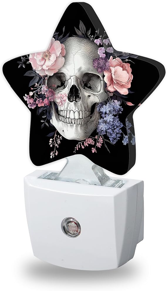 Skull Nightlights Plug in Wall,Blooming Flowers Decorative Star Lamp with Automatic Lighting for Living Space,Gentle Glow for Kids Room,Hallway,Bathroom