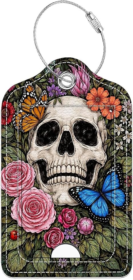 Luggage Tags,Gothic Dark Art Floral Skull Butterfly Design, Double-Sided Privacy Cover ID Labels with Stainless Steel Loop and Address Card for Travel Bag Suitcase - skull suitcase