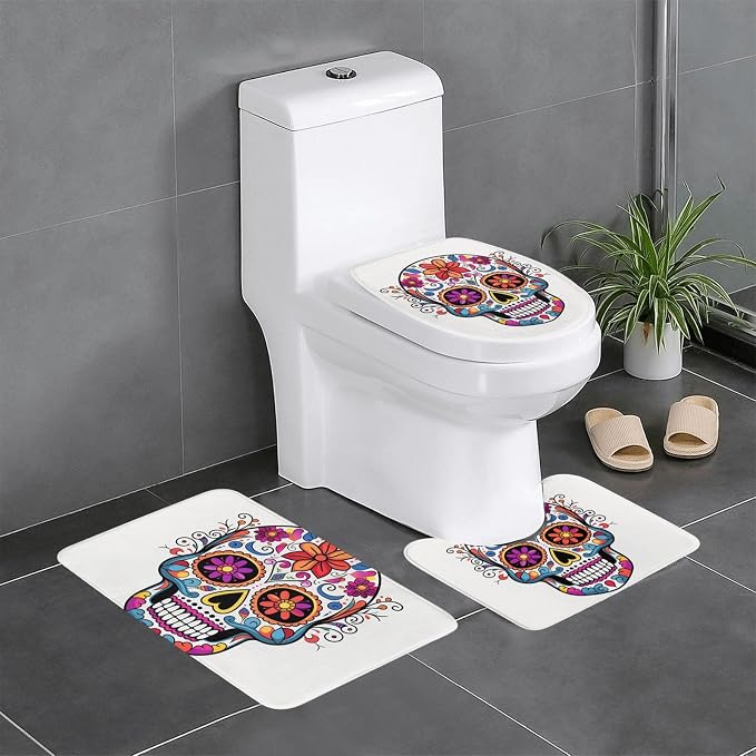 Sugar Skull Bathroom Rug Sets 3 Piece Soft Absorbent Bath Mats and U-Shaped Contour Mat Toilet Lid Cover Non-Slip Bath Rugs for Bathroom Shower Mat 24"x16" - skull toilet rug