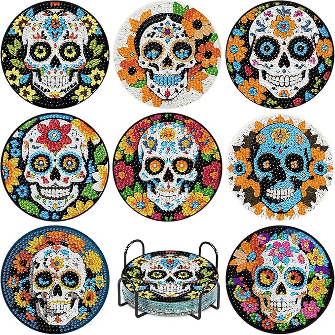 hkejoi 8 Pcs Skull Diamond Art Coasters Kit for Adults, Skull Diamond Painting Coasters with Holder, 5D Gem Art, DIY Crafts Diamond Dots for Gift Home Decor - skull painting