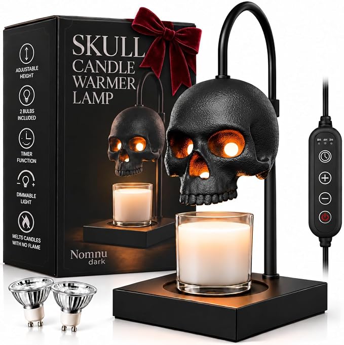 Skull Candle Warmer Lamp, Black Spooky Gothic Decor w/Timer & Dimmer