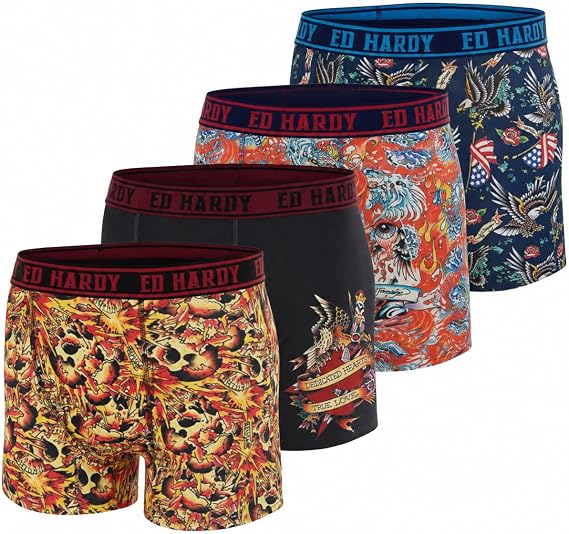 ED HARDY Mens Boxer Briefs 4 Pack, Soft Fabric Underwear, Pull On Closure, Machine Washable Comfortable Stretch Boxers - skull swimsuit