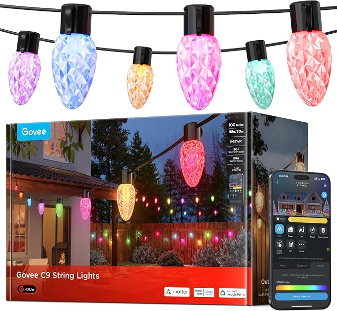 Govee C9 String Lights, Christmas Lights, 98ft (2 Combined Strings of 49ft) - string light