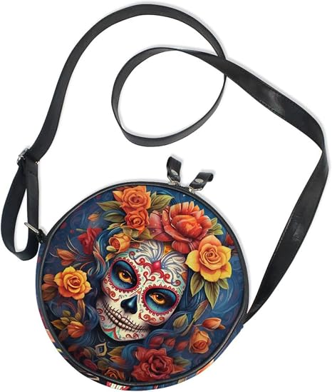 ALAZA Dia Muertos Mexican Day Of The Dead Girl Sugar Skull Round Crossbody Bag Shoulder Handbag Purse - sugar skull handbags for sale