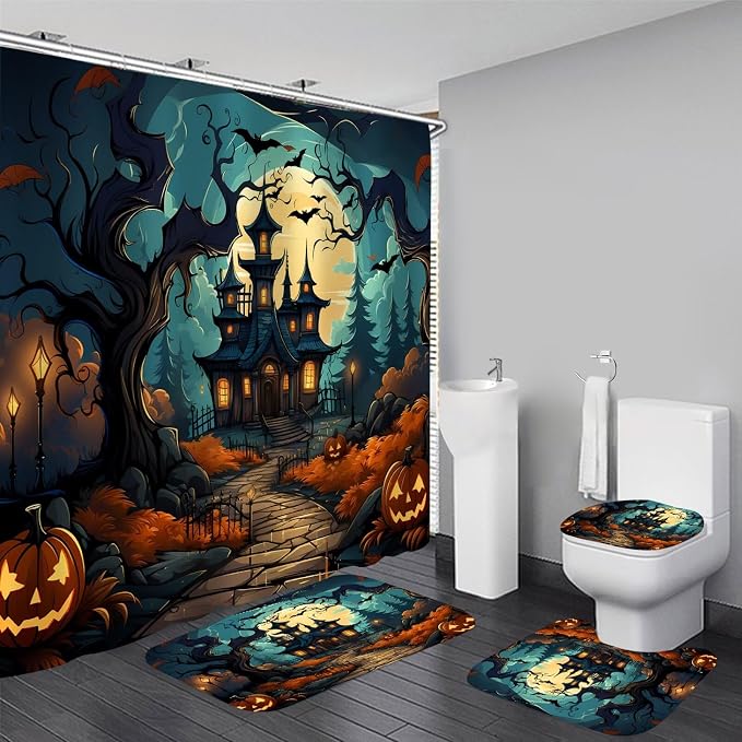 Nkzply 4 Pcs Halloween Shower Curtain Haunted House Bathroom Set with Rugs - skull toilet mat