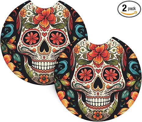 2 Pack Car Cup Holder Coaster Colorful Sugar Skull Car Cup Coaster Universal Automotive Cup Mat Waterproof Non-Slip Cup Holders Car Interior Accessories for Women Men Cup Pad - skull coaster