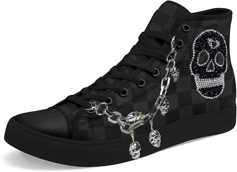 Gothic Skull High Top Canvas Sneakers with Chain, Rhinestone Skull Design, Punk Rock Non Slip Shoes for Men Women - sugar skull boots