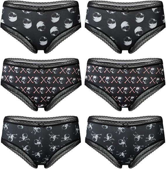 6-Pack Gothic & Cute Cheeky Panties for Women - Skull Lace Underwear Set - skull swimsuit