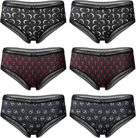 6-Pack Gothic & Cute Cheeky Panties for Women - Skull Lace Underwear Set - skull swimsuit