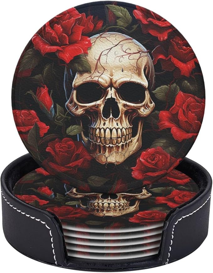 Drink Coasters Set of 6 Leather Absorbent Coaster with Holder Skull Rose-Red Coasters for Drinks Tabletop Protection Mug Mat Cup Pad Coffee Cup Coaster for Coffee Table Kitchen Bar Home Decor