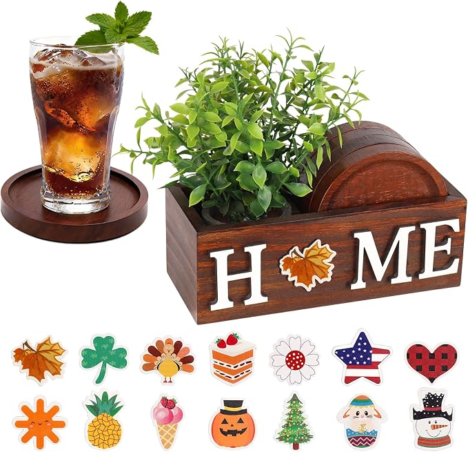 Wood Coasters Set of 4 for Drinks with Holder for Table Decor - skull coaster