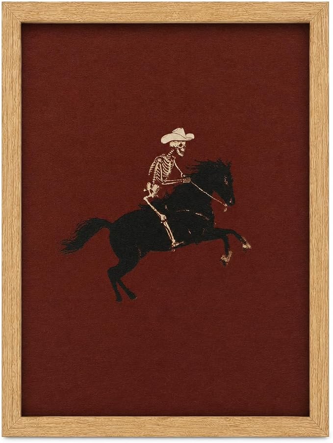 Framed-Skull Cowboy Canvas Wall Art,Vintage Dark Knight Poster Print. Gothic Western Painting Picture,Rodeo Arena Artwork for Bedroom Living Room Wall Decor 8x10in