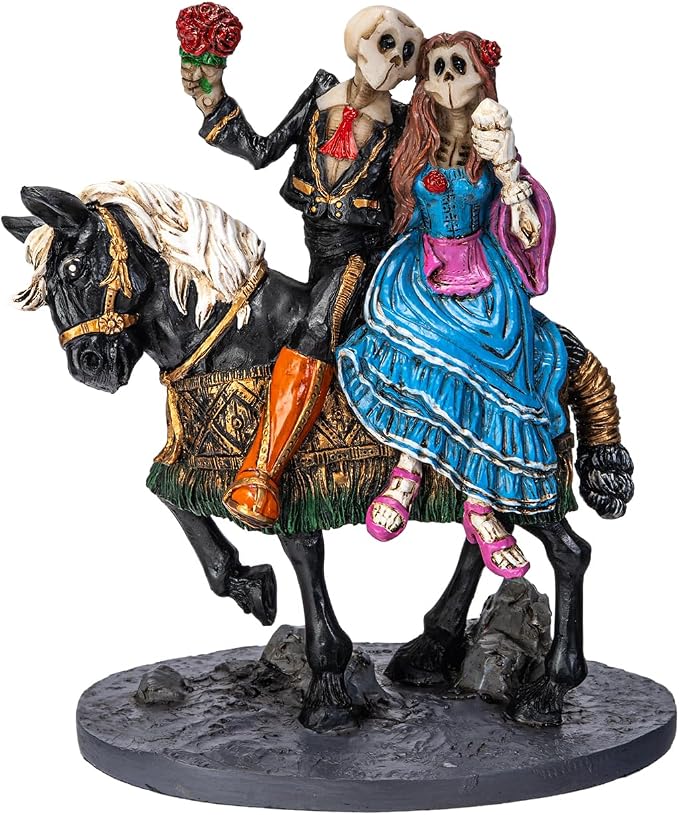 Pacific Giftware Our Special Day, Day of the Dead Skeleton Couple on Horse Figurine by David Lozeau, Hand-Painted Decorative Resin Statue with Base Valentine's Day 6" H - skull figurine