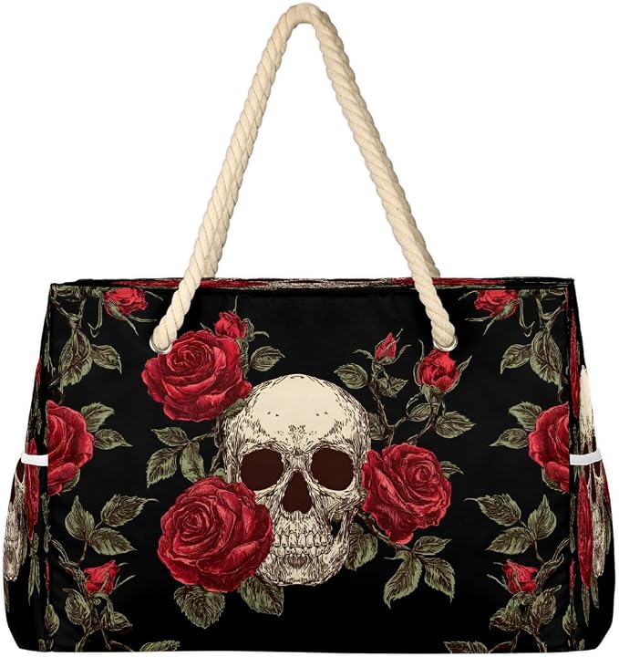 Beach Tote Bag for Women Men, Waterproof Sandproof Beach Canvas Bag With Wet Compartment Large Swim Pool Bags,A-01 - skull suitcase