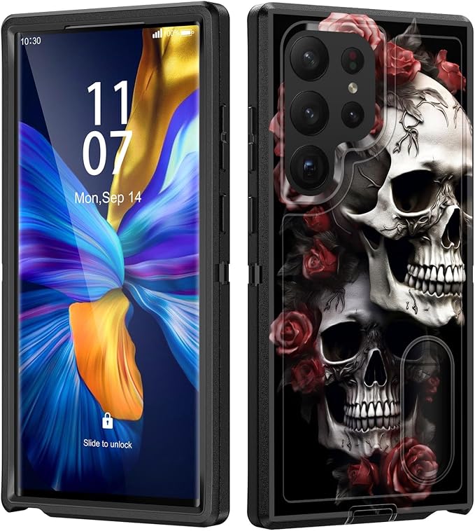 for Galaxy S26 Ultra Case with Built in Kickstand,Shockproof/Dustproof/Drop Proof 3-Layer Military Grade Protective Cover for Samsung Galaxy S26 Ultra 6.9" 2026,Rose Skull - Skull phone case
