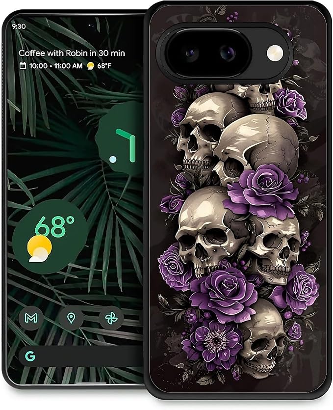 Compatible with Google Pixel 10A Case, Shockproof Protective for Man Women Non-Slip for Google Pixel 10A Crazy Pattern Illustration Scary Skulls Purple Roses - Skull phone case