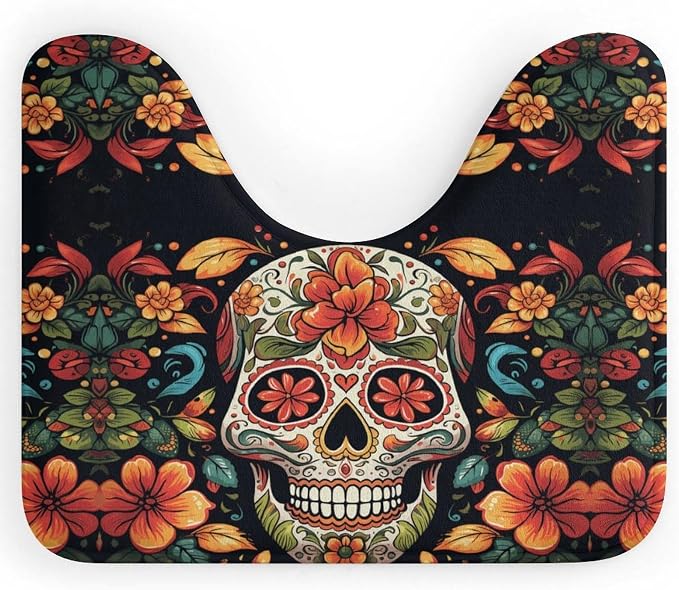 Colorful Sugar Skull Rugs U Shaped Thick Soft Toilet Mats Washable Non Slip Bathroom Rugs Absorbent Quick Dry Coral Fleece Mat for Dressing Tables Guest Room Bedside - skull toilet mat