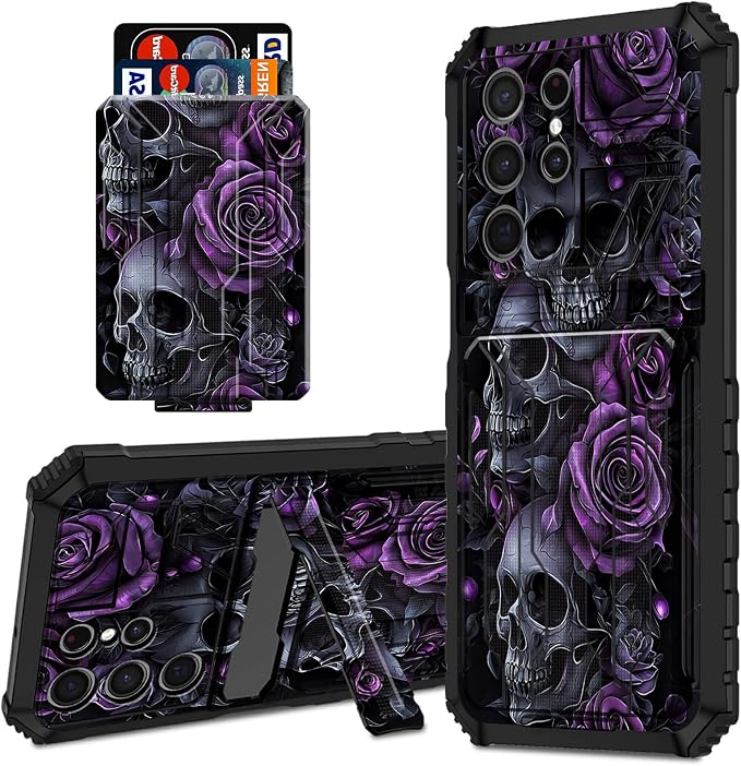 Compatible with Samsung Galaxy S26 Ultra Wallet Case with Detachable Credit Card Holder and Stand Kickstand Shockproof TPU Protective Cover for Girl Women Boy Men, Purple Rose Skull - Skull phone case