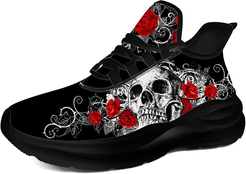 Skull Shoes for Women Men Flower Running Shoes Roses Print Casual Tennis Walking Sneakers - sugar skull boots