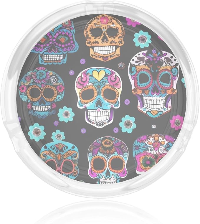 Sugar Skull Print 3.3in Clear Round Glass Ashtray Smoking Accessory for Home Office Pati Home Decor - skull ashtray