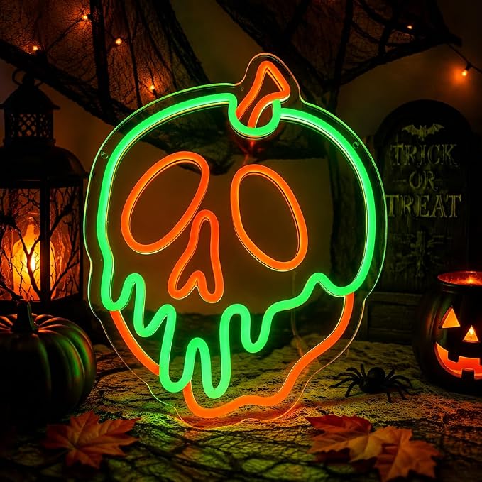 Evil Apple Skull Neon Sign Spooky Gothic Halloween LED Wall Light for Halloween Bar Bedroom Man Cave Party Decor,Dimmable Lights Gift for Teens Adults