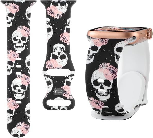 Pattern Printed Silicone Band Compatible with Apple Watch Bands 38 40 41 42 44 45 46 49mm Women Men,Skull Cross Sun Moon Printed Wristband for iWatch Series 11 10 9 8 7 6 5 4 SE/Ultra 3 2 1 - skull watch