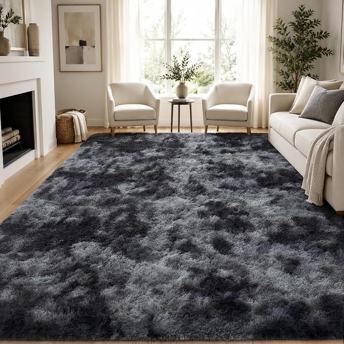 8×10 Area Rugs Living Room: Fluffy Bedroom Soft Shag Rug Black Grey