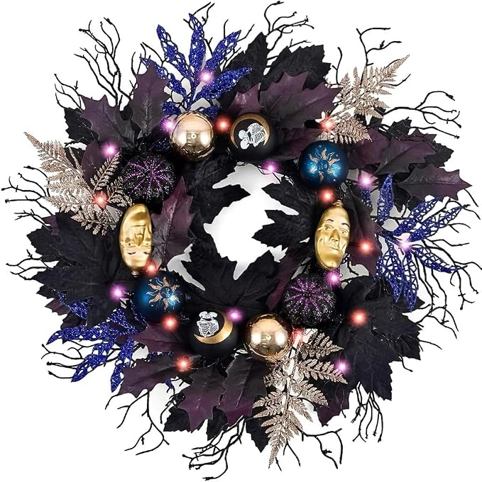 DecorbyHannah 18 inch Halloween Door Wreath with Lights for Mantle Party - skull wreath