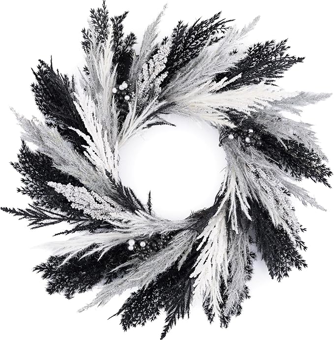 DecorbyHannah 18'' Black Halloween Pampas Wreath with Lights for Front Door - skull wreath
