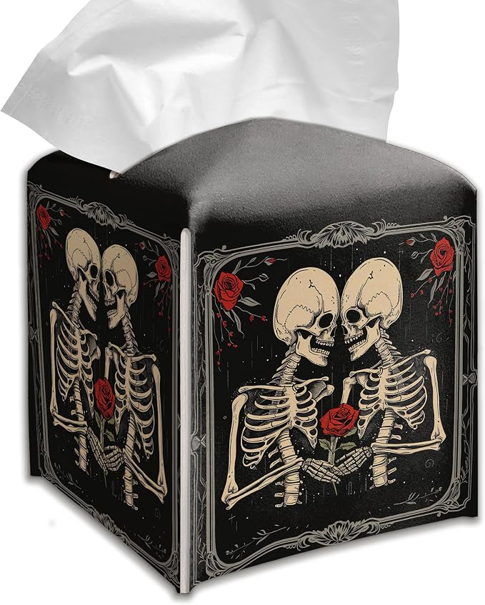 Gothic Skull Tissue Box Cover, Dark Romantic Skeleton Rose Decorative Square Tissue Holder for Bathroom Bedroom Gothic Home Decor - skull toilet paper