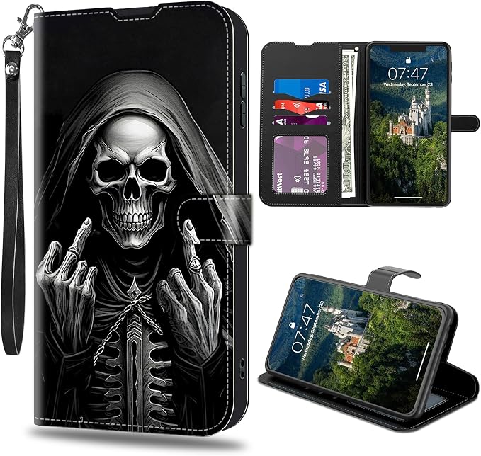 for Samsung Galaxy A17 5G Wallet Case with Credit Card Slots Holder, PU Leather Shockproof RFID Blocking Cover for Samsung Galaxy A17 5G,Black Skull - Skull phone case