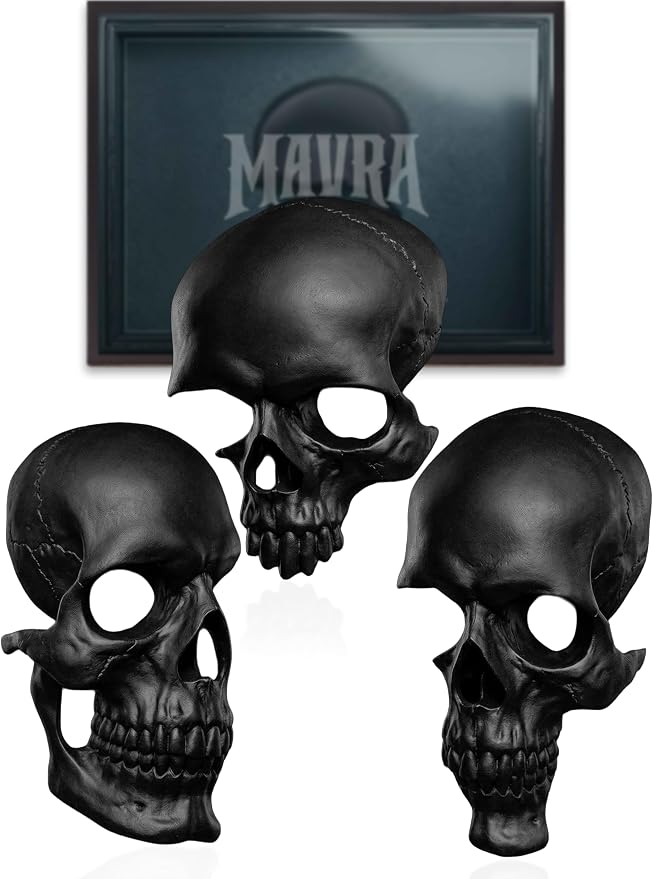 MAVRA Gothic Wall Decor Set of 3, Carved Black Skulls for Goth Room Decor - skull figurine