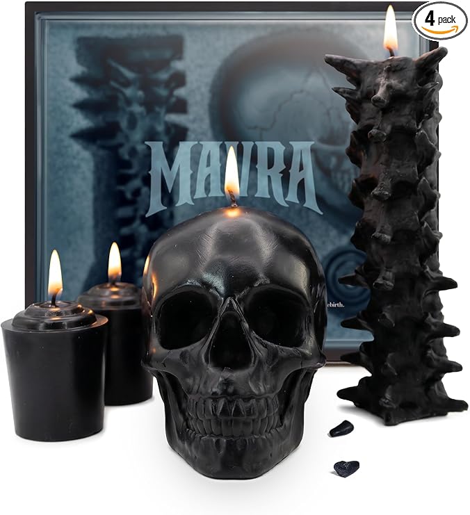 MAVRA Gothic Skull Candle Set, Sculpted Black Skulls for Goth Home Decor - skull candle