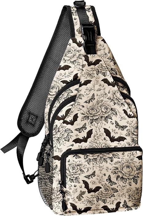 Gothic Bat Flowers Sling Bag for Women Men, Sling Backpack Chest Daypack Crossbody Bag for Travel Outdoor Hiking - sugar skull handbags for sale