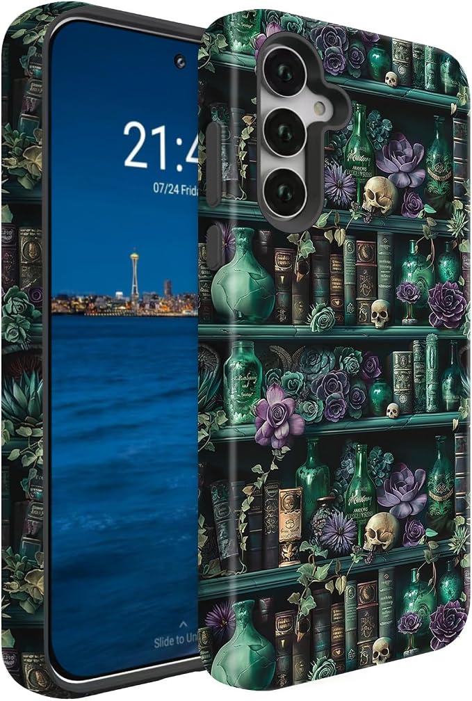 Compatible for Samsung Galaxy A57 5G Case, Dual Layer Heavy Duty 2 in 1 Shockproof Protective Phone Case,Skull Flowers and Books - Skull phone case