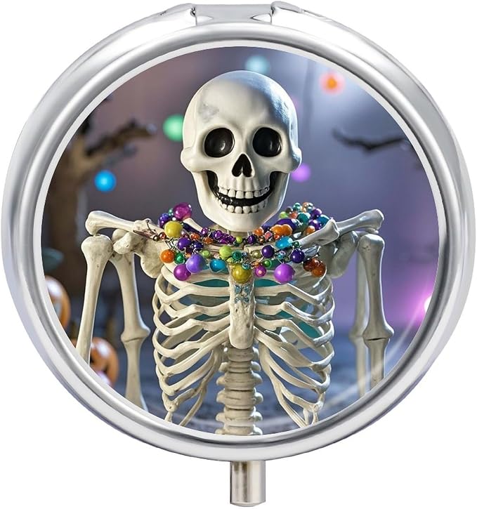 Skull with Colored Lights Pill Case Fashion Round Pill Box Portable Travel Pill Organizer Waterproof Cute Small Pill Container Exquisite Metal Vitamin Medicine Container for Adult - skull lamp