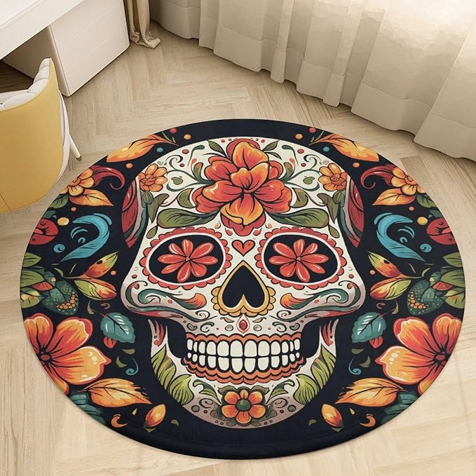 Coral Velvet Round Area Rug 2' Non-Slip TPR Backing Carpet 0.2 Inch Low Pile Colorful Sugar Skull Door Mat Washable Decorative Floor Rug for Bathroom Kitchen Entryway Home Decor Aesthetic - skull toilet mat