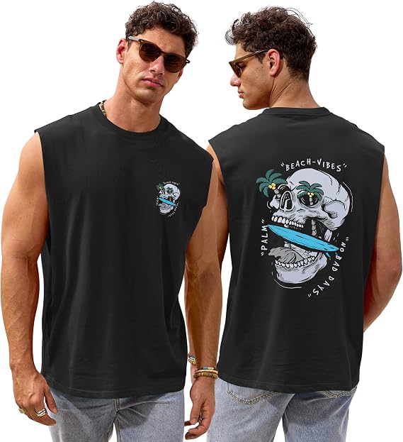 VOGSTART Mens Summer Graphic Tank Casual Cotton Sleeveless Cutoff Shirts - skull tank tops