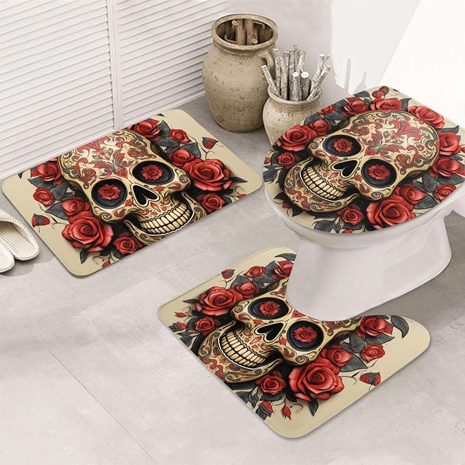 3 Piece Bathroom Rugs Sets Super Absorbent Bathroom Mats Set Non-Slip Bath Rug Washable Contour Mat and Toilet Lid Cover Red Rose Sugar Skull Bath Mat Carpet for Bathroom Shower Rug - skull carpet