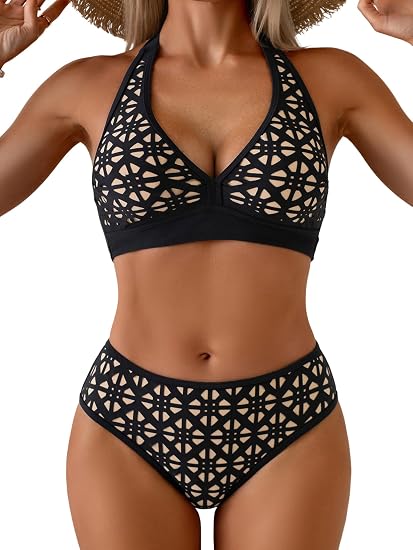 Eomenie Halter Bikini Sets for Women V Neck Two Piece Swimsuit - skull swimsuit