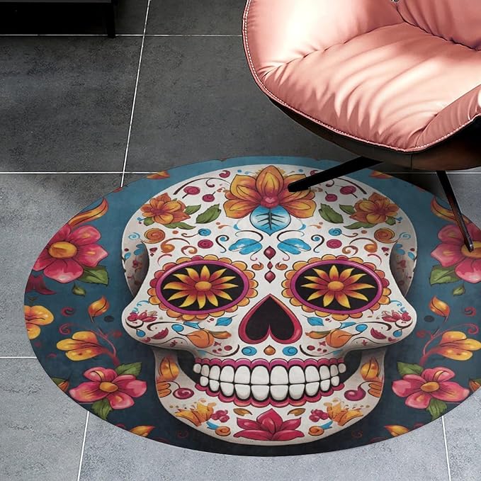 Coral Velvet Round Rug 3' Anti Slip TPR Backing Circle Colorful Sugar Skull Area Rug Quick Dry Plush 0.2 Inch Low Pile Door Mat Senior & Pet Friendly Carpet for Bathroom Kitchen Bedroom Entryway - skull carpet