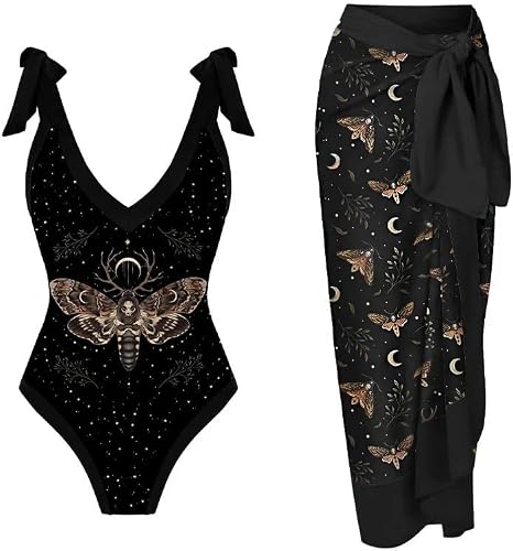 Death's Head Moth Print One Piece Swimsuit and Sarong Set Tie Shoulder Straps Swimwear Set - skull swimsuit